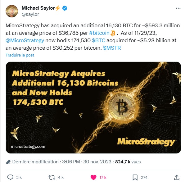 Michael Saylor welcomes MicroStrategy's war chest of 174,530 bitcoins.