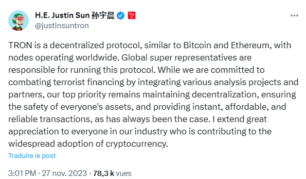 Justin Sun defends decentralization in the face of (exaggerated) accusations of financing terrorism.