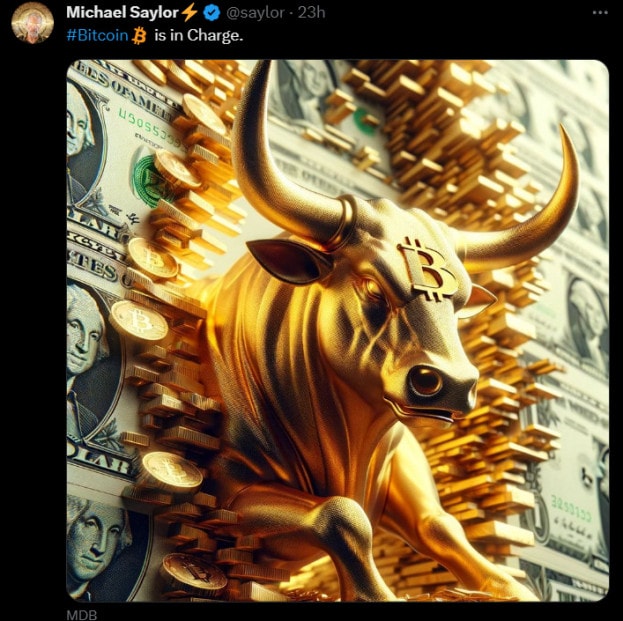 Un taureau, des dollars et un logo Bitcoin ? Oui, vous êtes bien sur le compte X de Michael Saylor !!!
