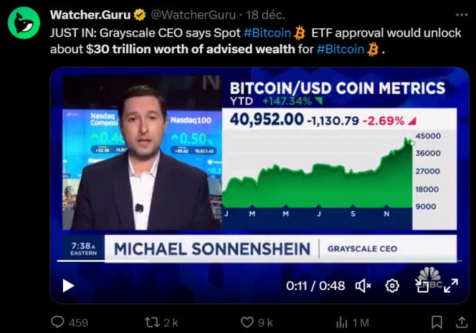 Invité sur CNBC, Michael Sonnenshein, le patron de Grayscale a fait un petit point sur l'actualité de Bitcoin mais il a surtout lâché le chiffre énorme de 30 000 milliards de dollars quasiment prêt à se déverser sur les ETF Bitcoin a comptant dès qu'ils seront approuver par le régulateur américain. 