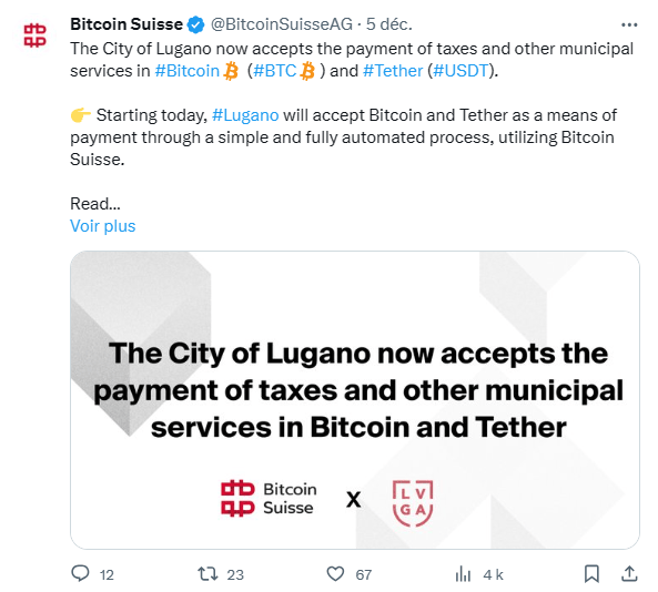 Lugano accepte désormais Bitcoin et l’USDT pour le paiement des impôts et services de la ville.