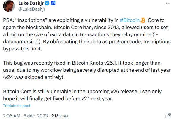 Luke Dashjr points to Bitcoin Ordinals as a vulnerability