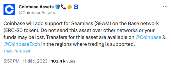 Coinbase annonce le support du jeton SEAM