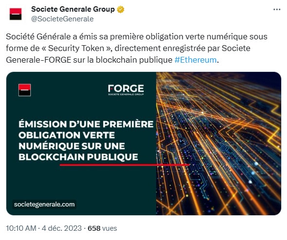 Société Générale et SG-FORGE tokenisent des obligations sur Ethereum.