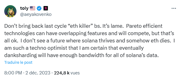 Le co-fondateur de Solana ne veut plus entendre parler d’Ethereum-killer.