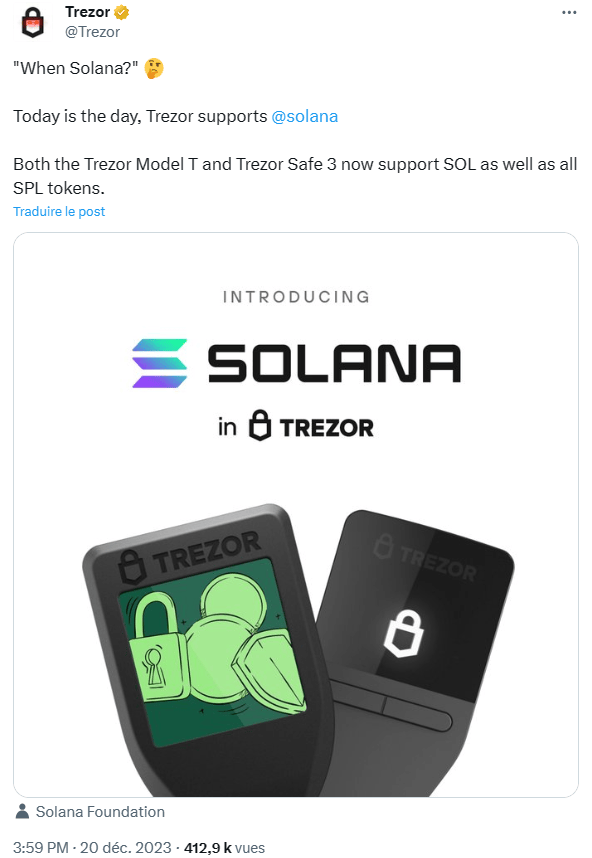Trezor prend en charge la blockchain Solana et ses tokens.