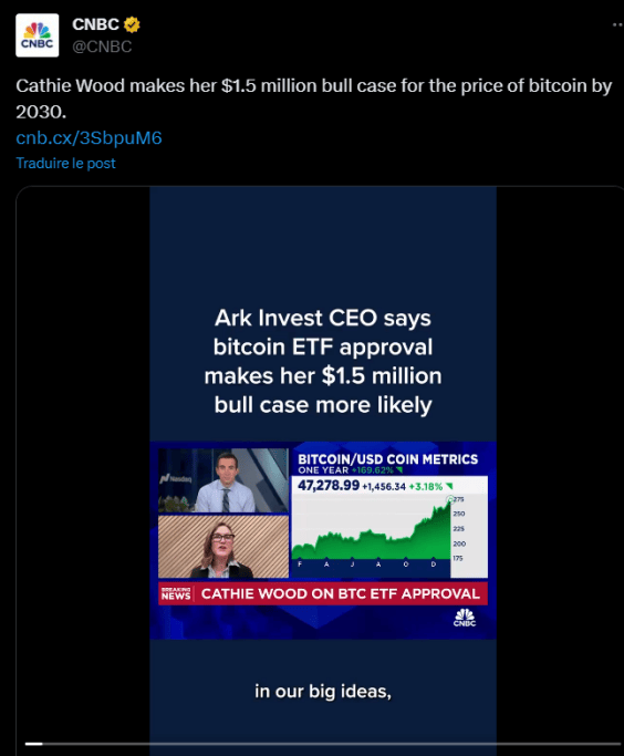 Cathie Wood de chez Ark Invest fait partie des personnalités les plus optimistes de l'écosystème crypto et parmi plusieurs scenarii elle envisage un Bitcoin pouvant atteindre 1,5 million de dollars d'ici 2030. 