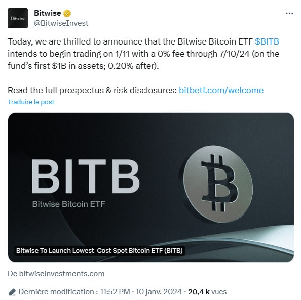 Bitwise offre les premiers frais sur son ETF Bitcoin au comptant, puis en partagera 10% quand ils passeront à 0,20%.