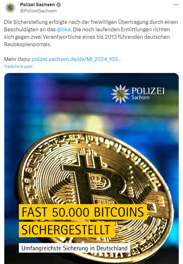 La police allemande de Saxe met la main sur 50 000 BTC, soit 2 milliards de dollars en Bitcoin.