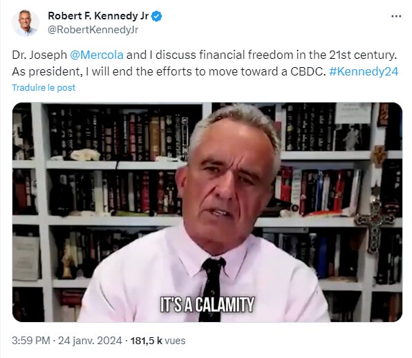 Robert F. Kennedy Jr. s’oppose aux MNBC (monnaie numérique de banque centrale).