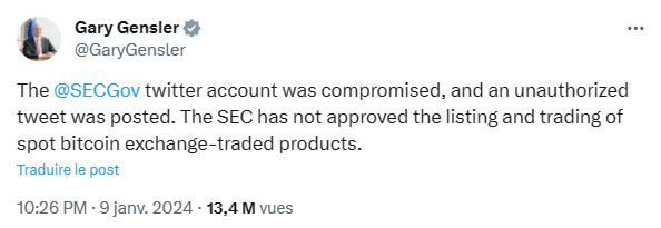 Tout penaud, Gary Gensler doit signaler que le compte gouvernemental officiel de la SEC a été hacké, et qu’ils n’ont toujours pas approuvé d’ETF Bitcoin au comptant.