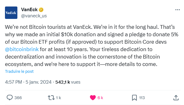 VanEck will donate 5% of its Bitcoin ETF profits in cash, in addition to immediately donating $10,000 to Brink's BTC developers.