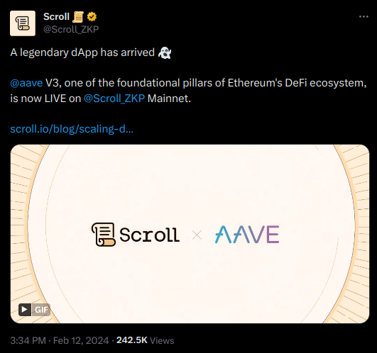 Le layer 2 Scroll annonce le déploiement d'Aave v3 sur sa zkEVM