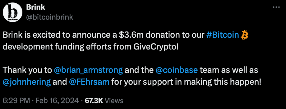 Brink thanks Coinbase after $3.6 million donation