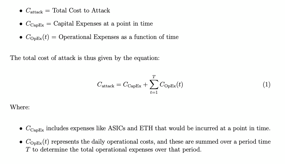 Formule pour calculer le coût d'une attaque sur Bitcoin ou Ethereum.