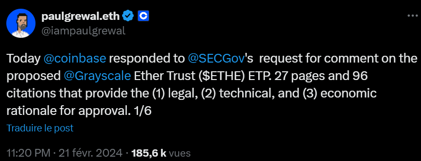 Dans un document de 27 pages, Paul Grewal, le directeur juridique de Coinbase, détaille un certain nombre d'arguments en faveur de l'approbation des ETF Ethereum par la SEC. 