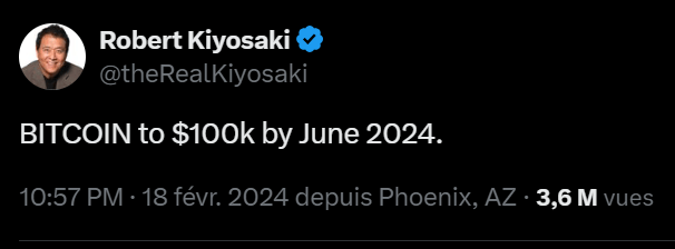 Robert Kiyosaki prédit un bitcoin à 100 000 dollars d'ici juin 2024 dans un tweet laconique