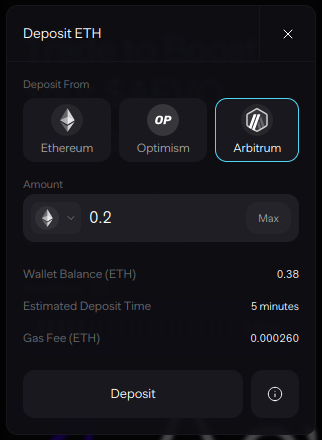 Interface pour déposer des fonds sur Aevo