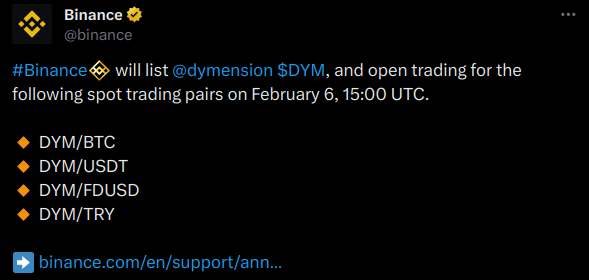 Binance annonce le listing du jeton DYM
