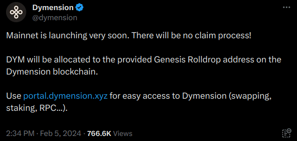 Dymension annonce le lancement et l'airdrop pour le 6 février