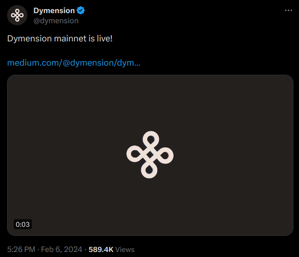 Dymension annonce le lancement du mainnet et l'airdrop du jeton DYM