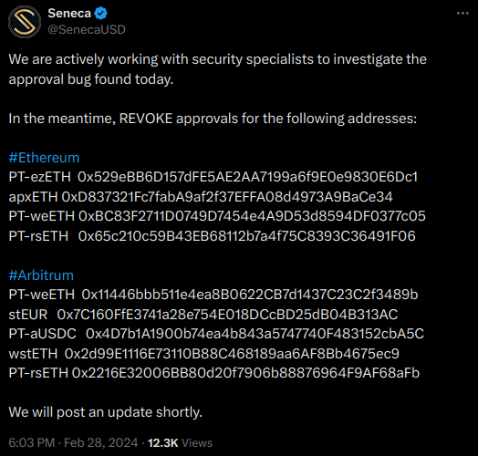 Publication sur X de Seneca qui annonce avoir été victime d'un hack