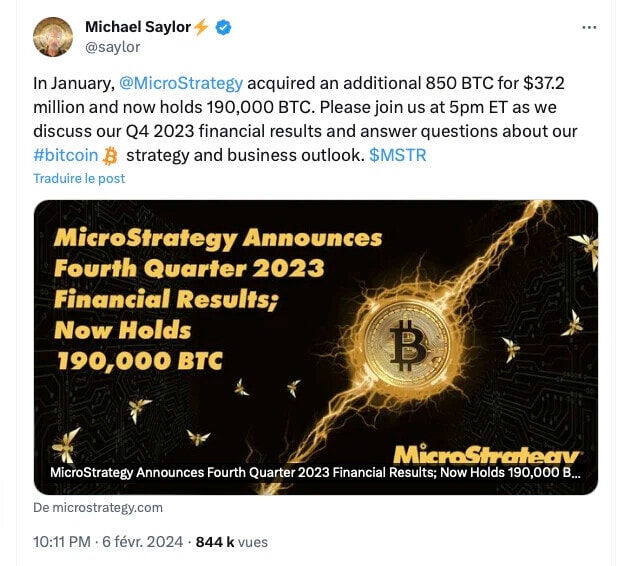 Michael Saylor annonce l'achat de 850 bitcoins supplémentaires sur le réseau social X