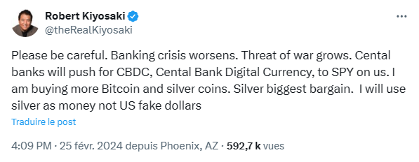 L’enthousiaste de Bitcoin Robert Kiyosaki alerte sur les risques liés aux MNBC.