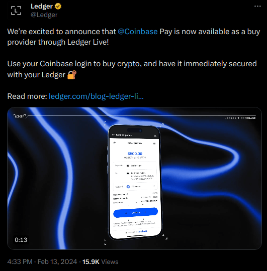 Ledger annonce sur X (Twitter) son partenariat avec Coinbase
