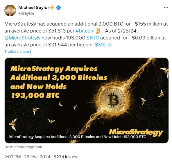 MicroStrategy possède désormais plus de 10 milliards de dollars dans Bitcoin.