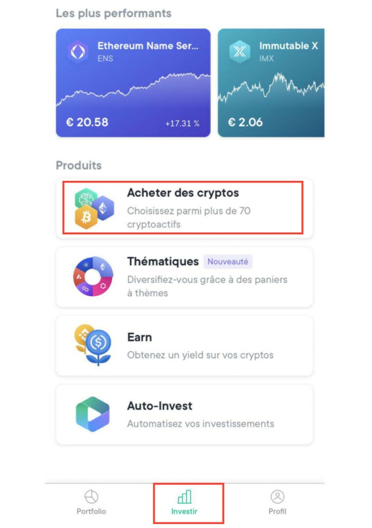Pour pouvoir avoir accès aux cryptomonnaies présentes sur Swissborg, il faut cliquer sur "Acheter des cryptos" dans l'onglet "Investir". 