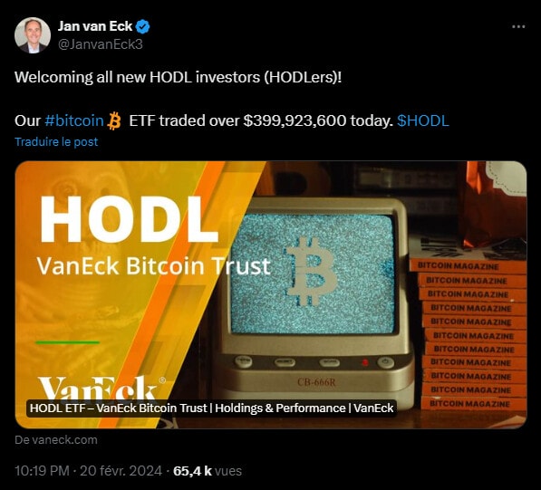 Jan Van Eck annonce fièrement sur le réseau social X que son ETF Bitcoin spot a vu son volume d'échange bondir jusqu'à 400 millions de dollars le 20 février 2024