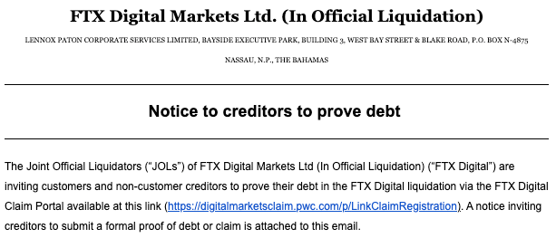 En-tête du mail envoyé par FTX Digitial Markets Ltd.