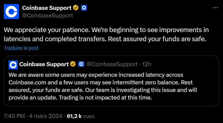 Les équipes de Coinbase ont tout fait pour remettre la plateforme en service alors que les utilisateurs tentaient désespérément de se connecter. 