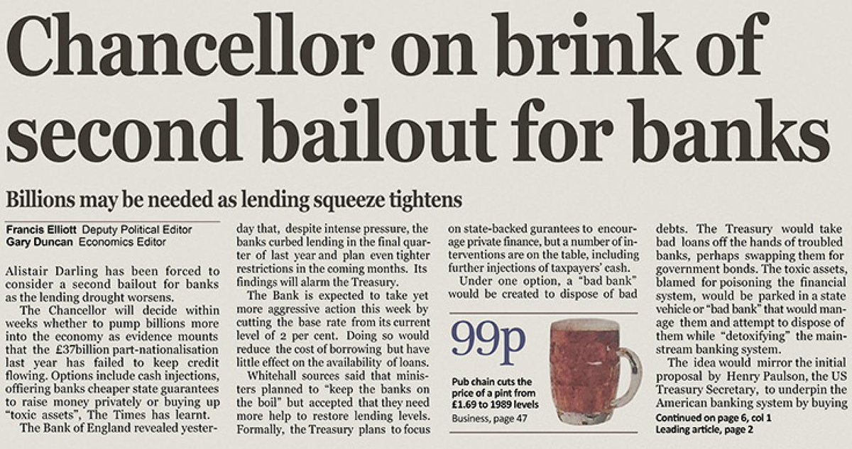 Une du 3 janvier 2009 du journal The Times, jour du lancement du premier bloc Bitcoin