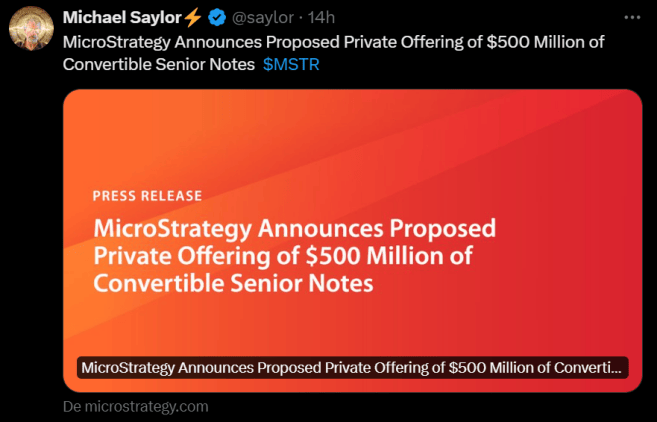 MicroStrategy accumule toujours plus de bitcoins sous l'impulsion de son PDG qui est un des plus fervents défenseurs de cette cryptomonnaie. Michael Saylor vient encore d'annoncer une levée de fonds de 500 millions de dollars pour acquérir 6 850 unités supplémentaires. 