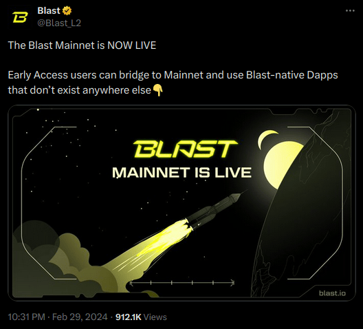 Les équipes de Blast annoncent sur X le déploiement sur le mainnet