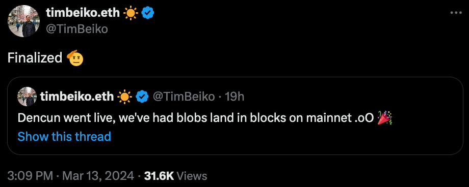 Tim Beiko annonce sur X (Twitter) le déploiement du hard fork cancun deneb