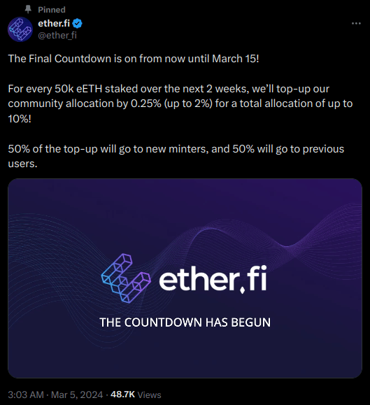 EtherFi annonce sur X (Twitter) sa campagne "Final Countdown".