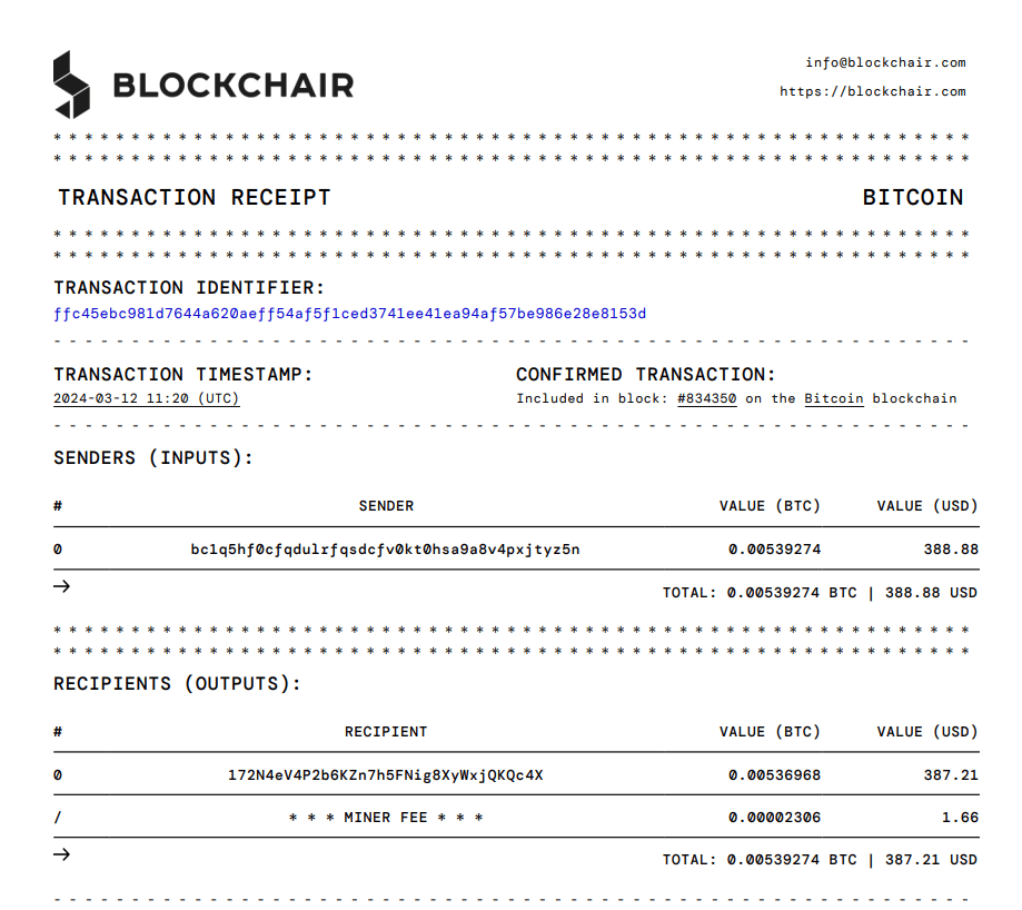 Exemple de reçu de transaction sur blockchair.