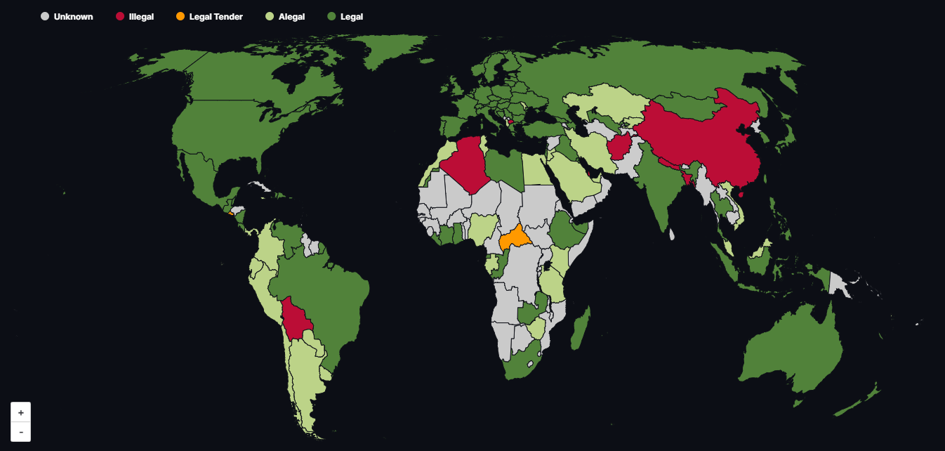 Map monde de la légalité du Bitcoin et des cryptomonnaies