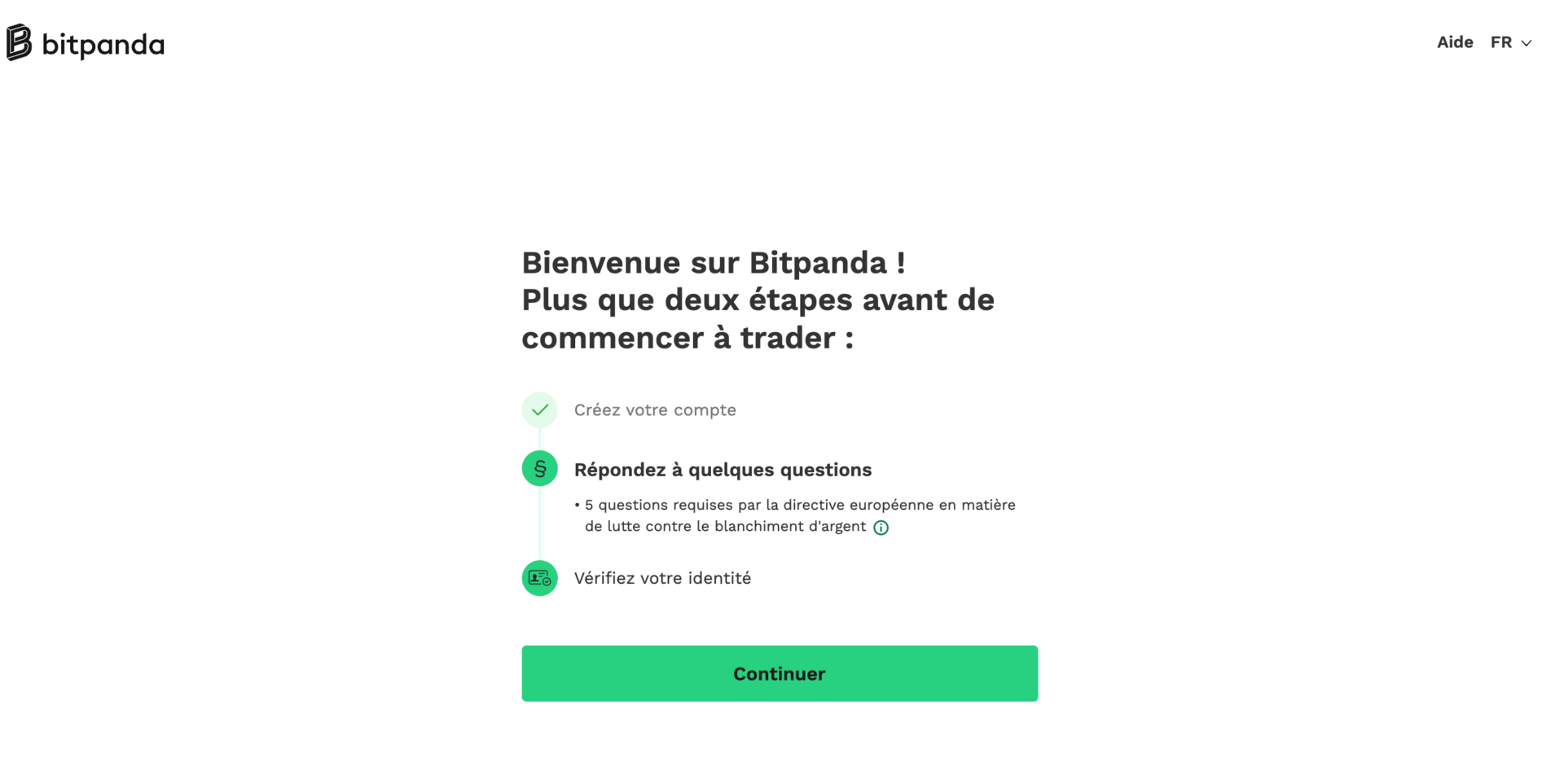 Pour pouvoir avoir accès au site, Bitpanda explique qu'il reste deux étapes : une série de questions et une vérification d'identité. 