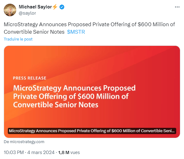 Michael Saylor annonce que MicroStrategy va emprunter 600 millions de dollars pour acheter du Bitcoin.