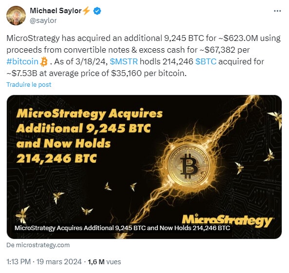 MicroStrategy et Michael Saylor achètent pour 623 millions de dollars en Bitcoin.
