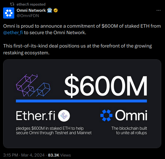 Omni annonce sur X (Twitter) son partenariat avec EtherFi.