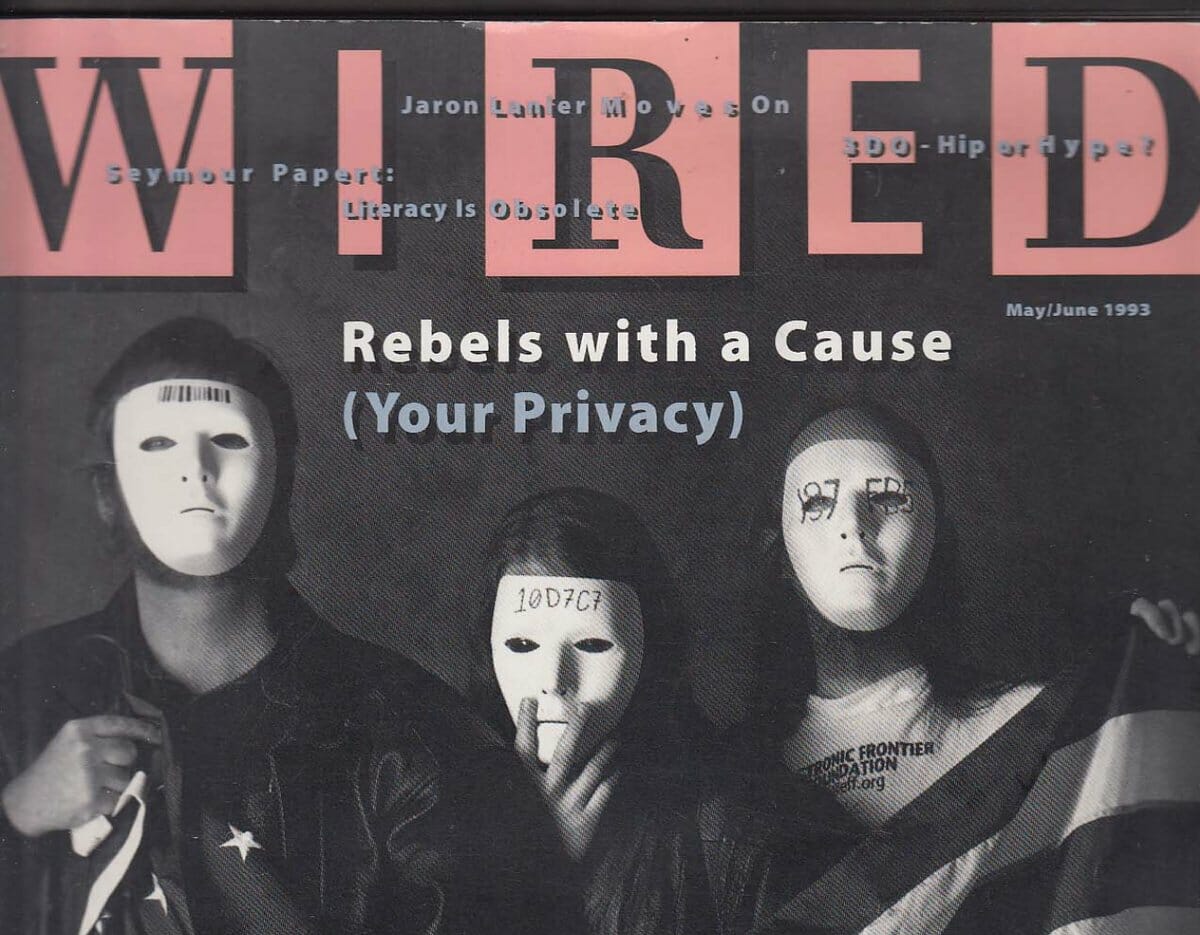 Couverture du numéro de mai-juin 1993 de Wired avec Tim May, Eric Hughes et John Gilmore