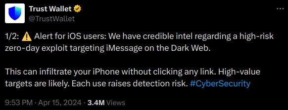 Trust wallet alerte d'une potentielle faille 0 day sur iMessage