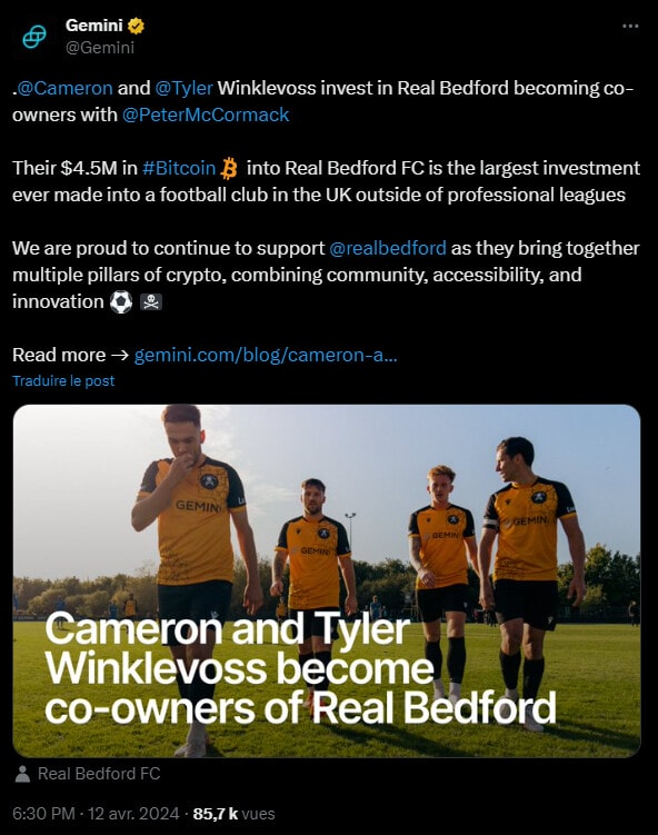 Gemini, l'exchange crypto des frères Winklevoss devient partenaire du club de foot du Real Bedford FC en Angleterre. Dirigé par le bitcoiner bien connu Peter McCormack, le club ambitionne de rejoindre la Premier League, la première division du championnat britannique. 