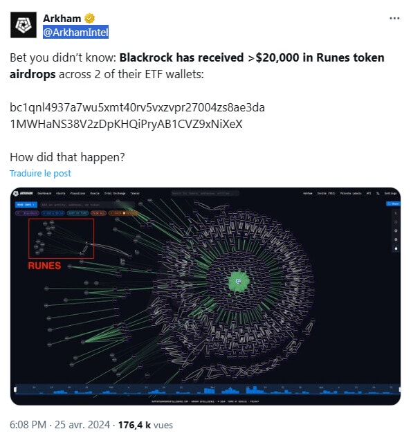 Selon Arkham Intelligence, BlackRock  a reçu des milliers de dollars de Runes sur ses wallets Bitcoin.