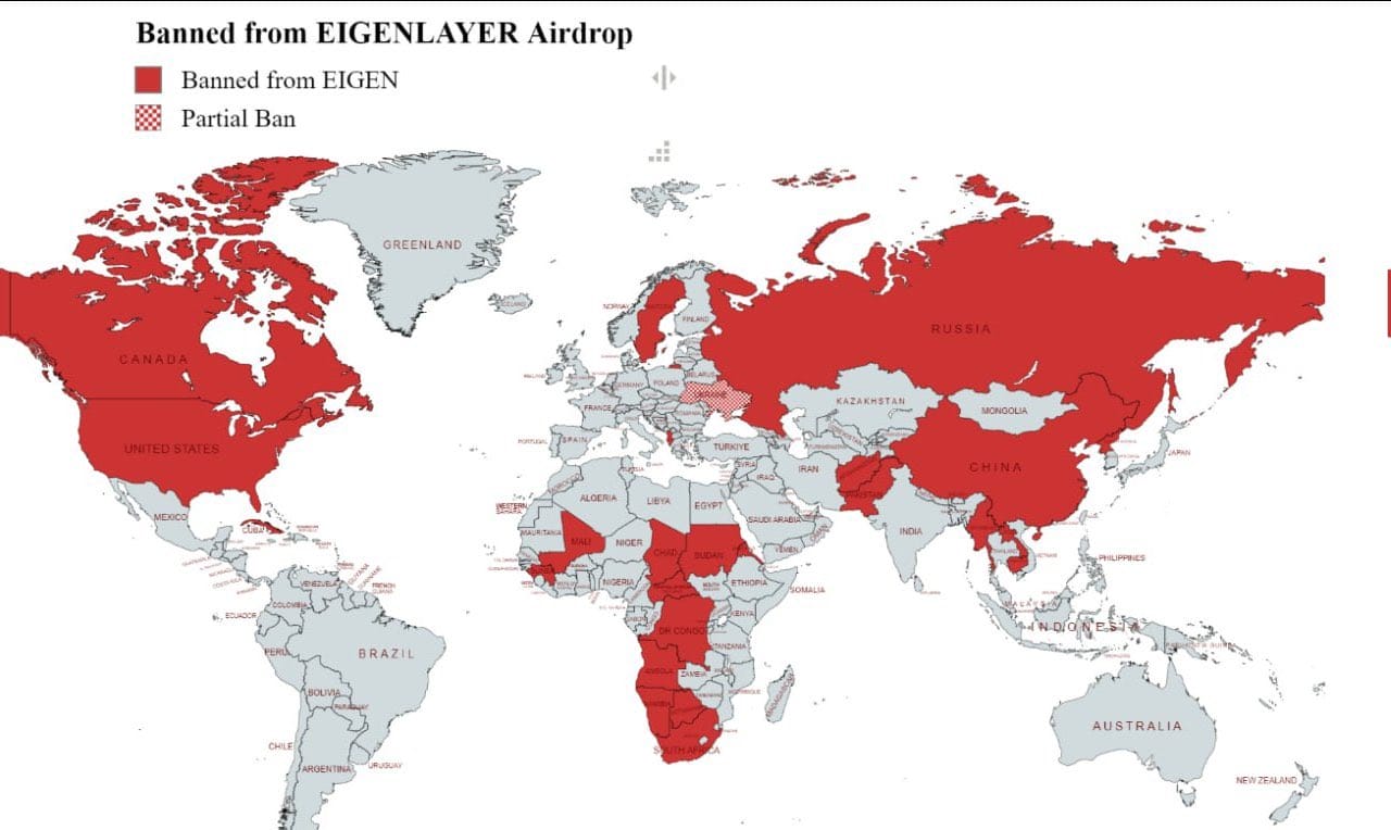 Carte de pays exclus de l'airdrop d'EigenLayer